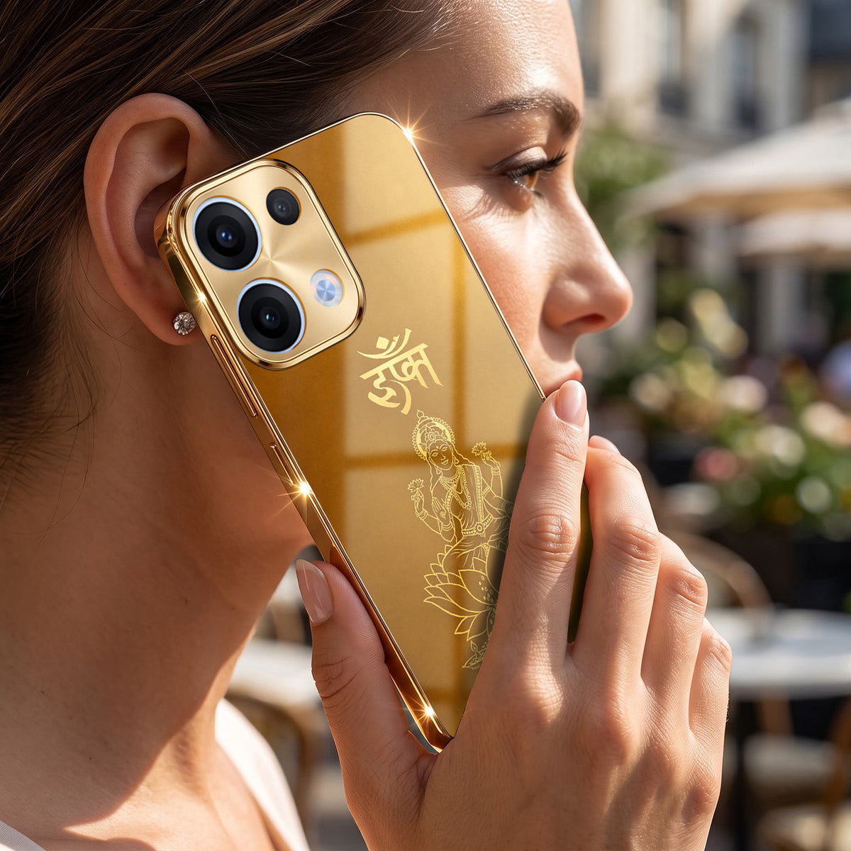 Oppo Reno 13 5G Shree Lakshmi Divine Gold Electroplated Glass Phone Back Case
