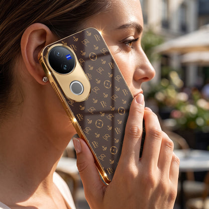Vivo V50 5G Luxury Monogram Brown Gold Electroplated Glass Phone Back Case