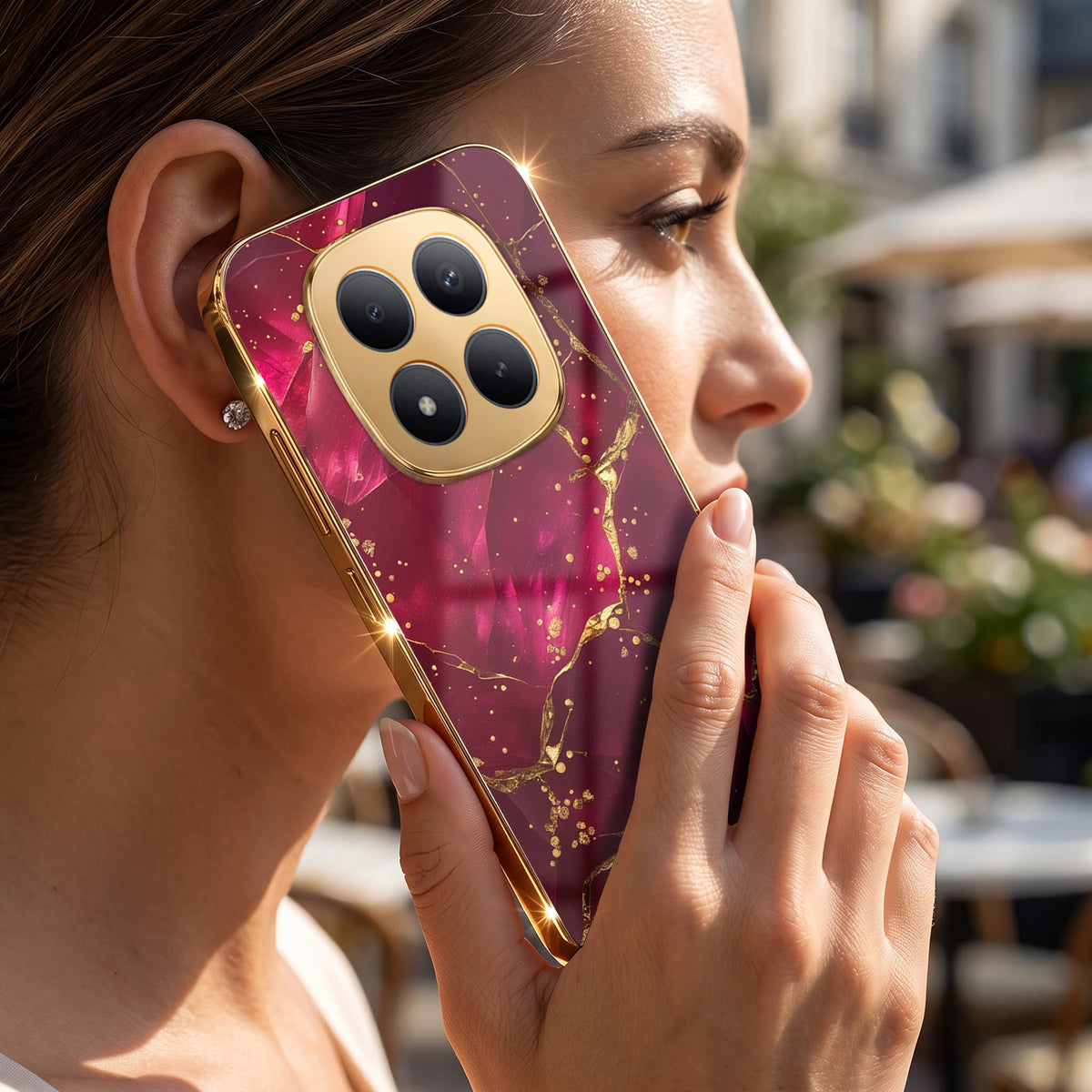 Redmi Note 15 Pro Plus 5G Luxury Crimson Marble Gold Electroplated Glass Phone Back Case
