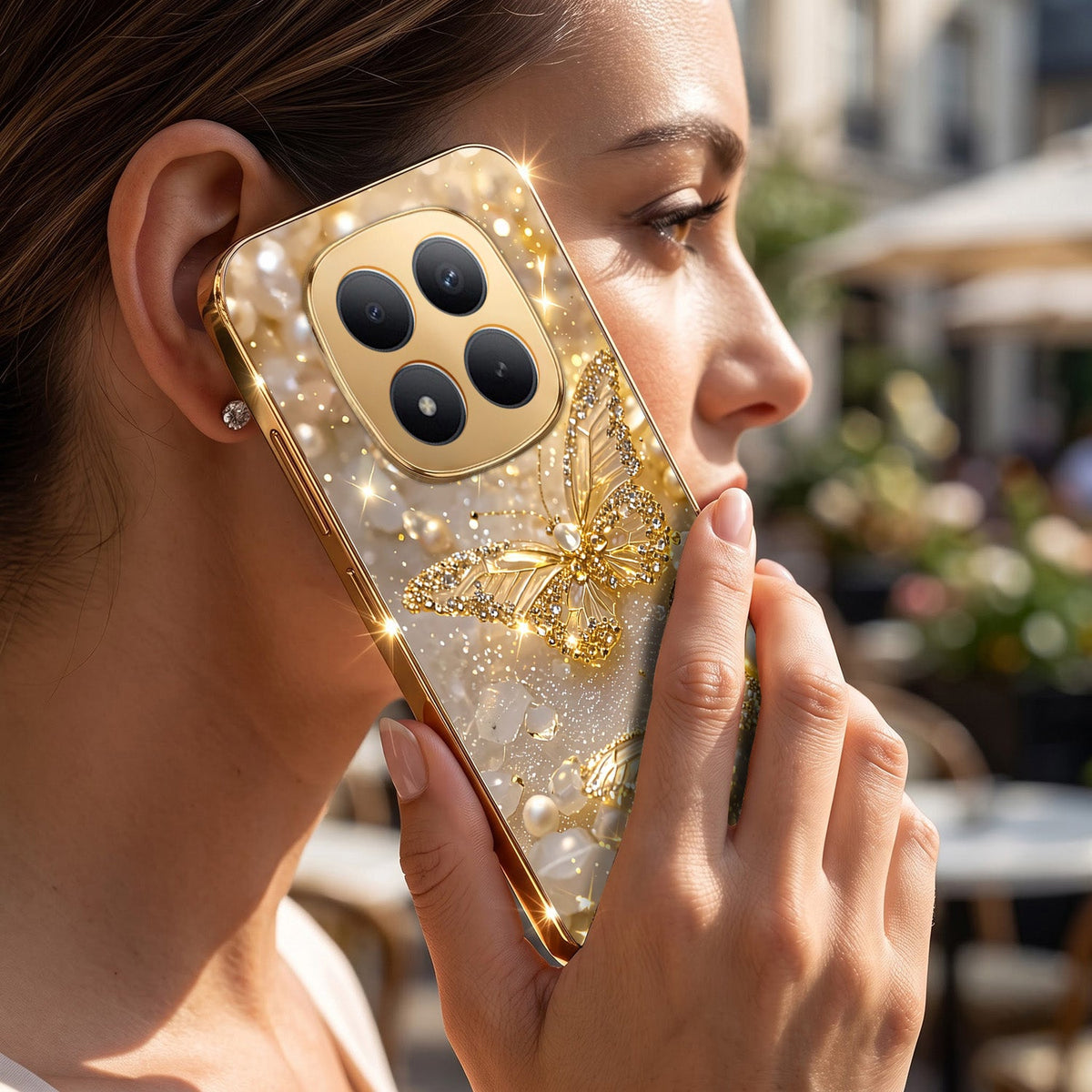 Redmi Note 15 Pro+ 5G Golden Butterfly Gold Electroplated Glass Phone Back Case