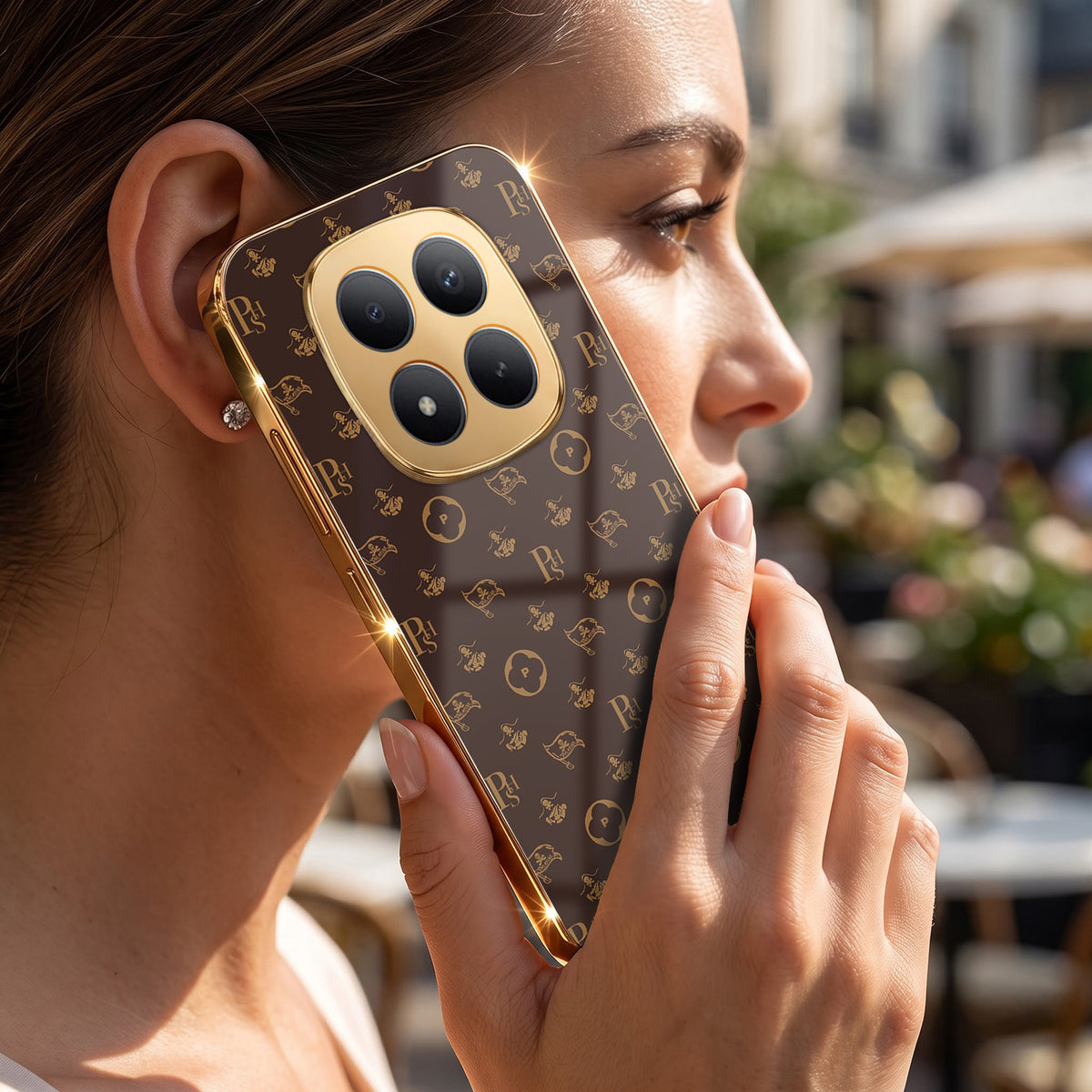 Redmi Note 15 Pro Plus 5G Luxury Monogram Brown Gold Electroplated Glass Phone Back Case