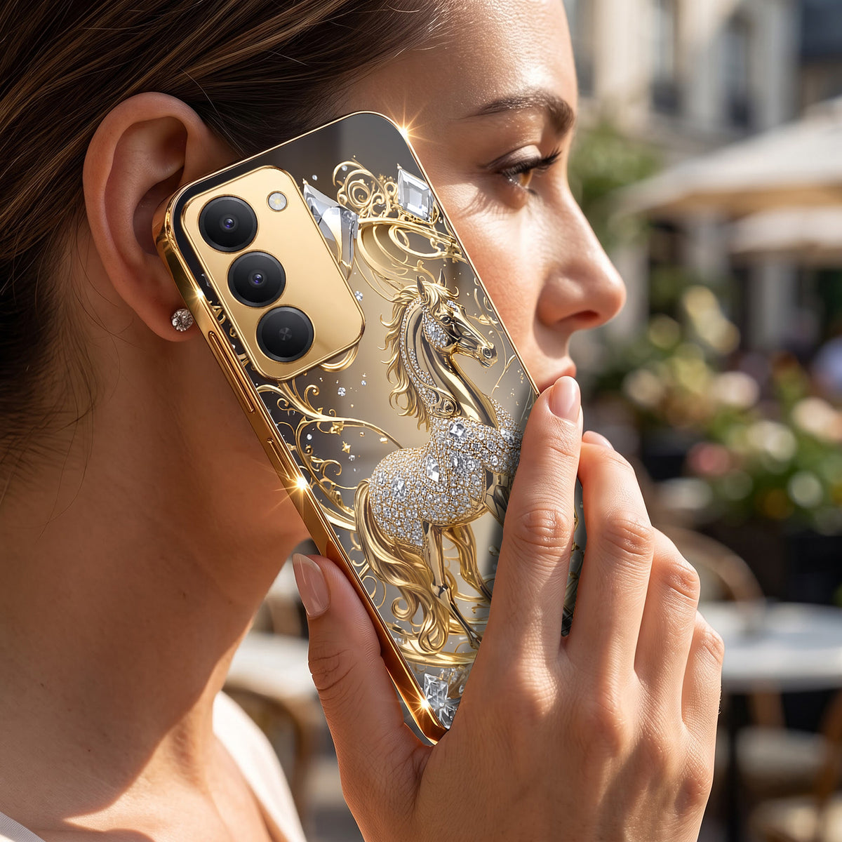 Redmi 15 5G Luxury Horse Texture Gold Electroplated Glass Phone Back Case