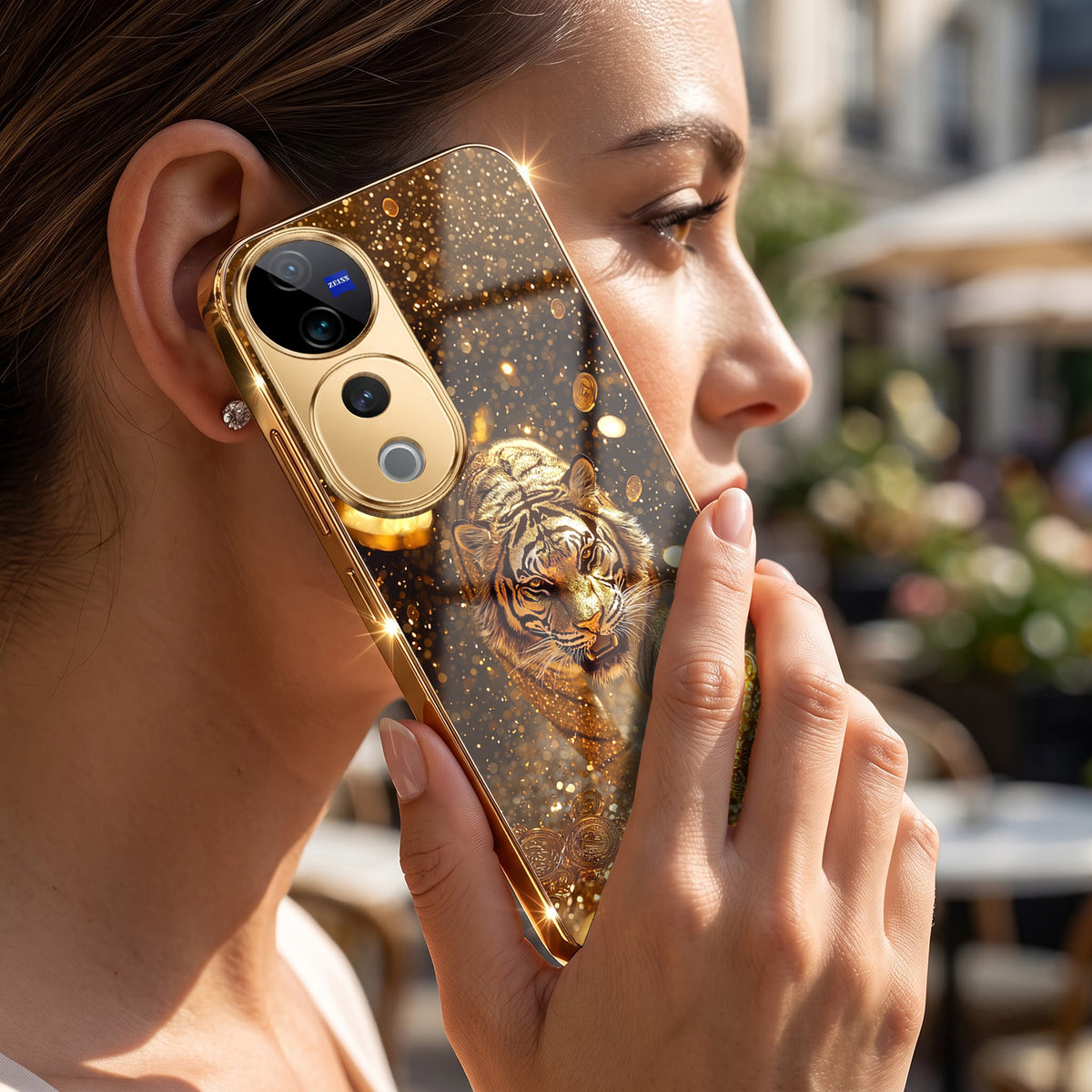Vivo V40 Pro 5G Luxury Tiger Gold Electroplated Glass Phone Back Case