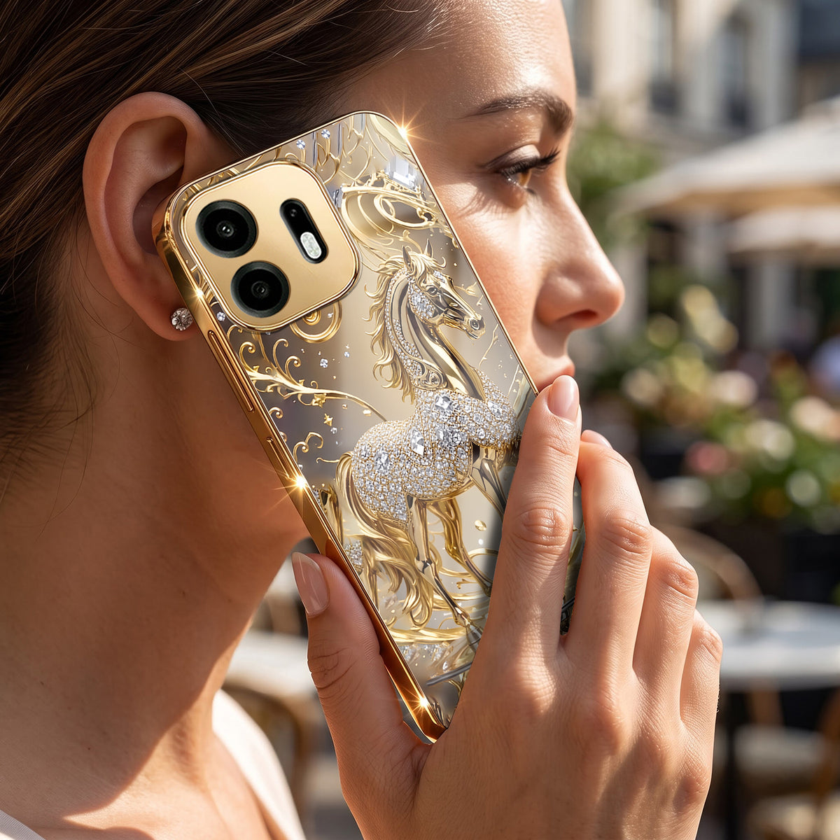 OnePlus N6 5G Luxury Horse Texture Gold Electroplated Glass Phone Back Case
