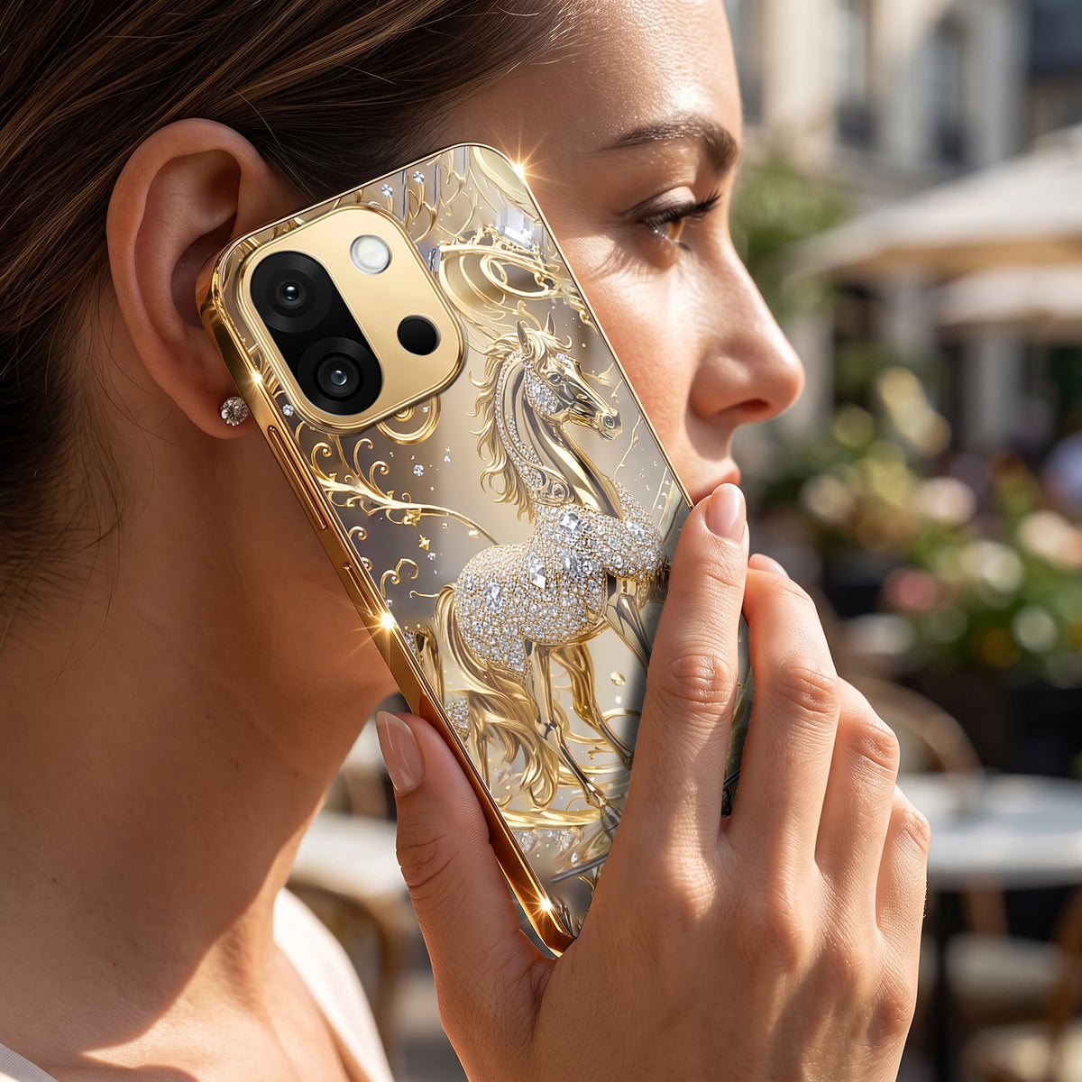 OnePlus 13s 5G Luxury Horse Texture Gold Electroplated Glass Phone Back Case