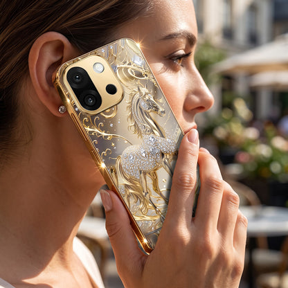 OnePlus 13s 5G Luxury Horse Texture Gold Electroplated Glass Phone Back Case