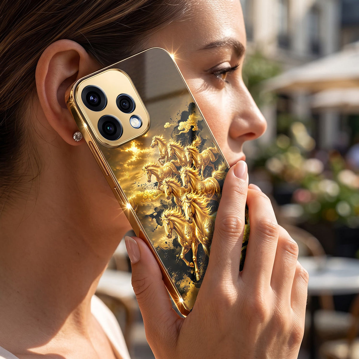 Oppo Reno 15 5G Celestial Seven Horses Gold Electroplated Glass Phone Back Case