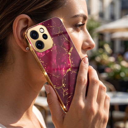 Oppo Reno 15 Pro Mini 5G Luxury Crimson Marble Gold Electroplated Glass Phone Back Case