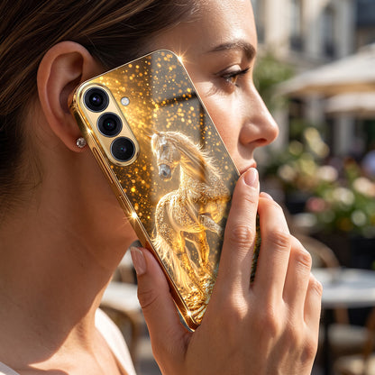 Samsung Galaxy A36 5G Golden Horse Sparkle Gold Electroplated Glass Phone Back Case