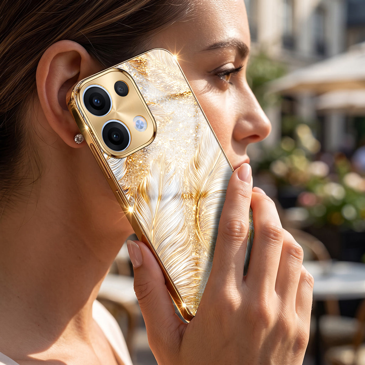 Oppo Reno 13 5G Golden Feather Marble Gold Electroplated Glass Phone Back Case
