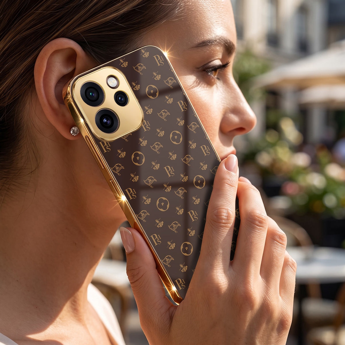 Oppo Reno 15 Pro Mini 5G Luxury Monogram Brown Gold Electroplated Glass Phone Back Case