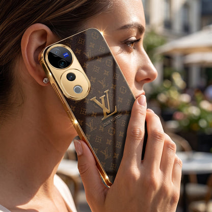 Vivo V40 Pro 5G LV Brown Monogram Gold Electroplated Glass Phone Back Case