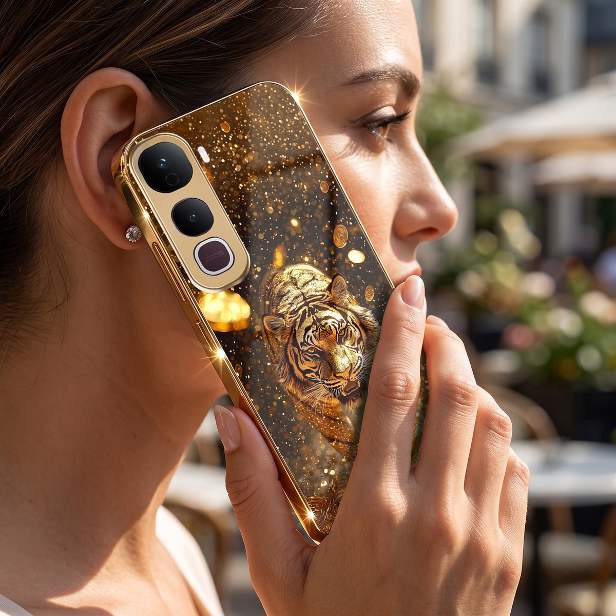 Vivo Y400 Pro 5G Luxury Tiger Gold Electroplated Glass Phone Back Case