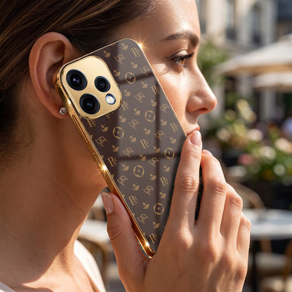 Oppo Reno 15 5G Luxury Monogram Brown Gold Electroplated Glass Phone Back Case