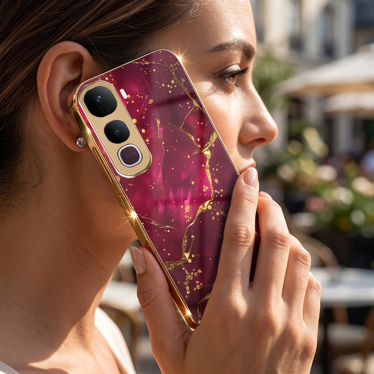 Vivo Y400 Pro 5G Luxury Crimson Marble Gold Electroplated Glass Phone Back Case