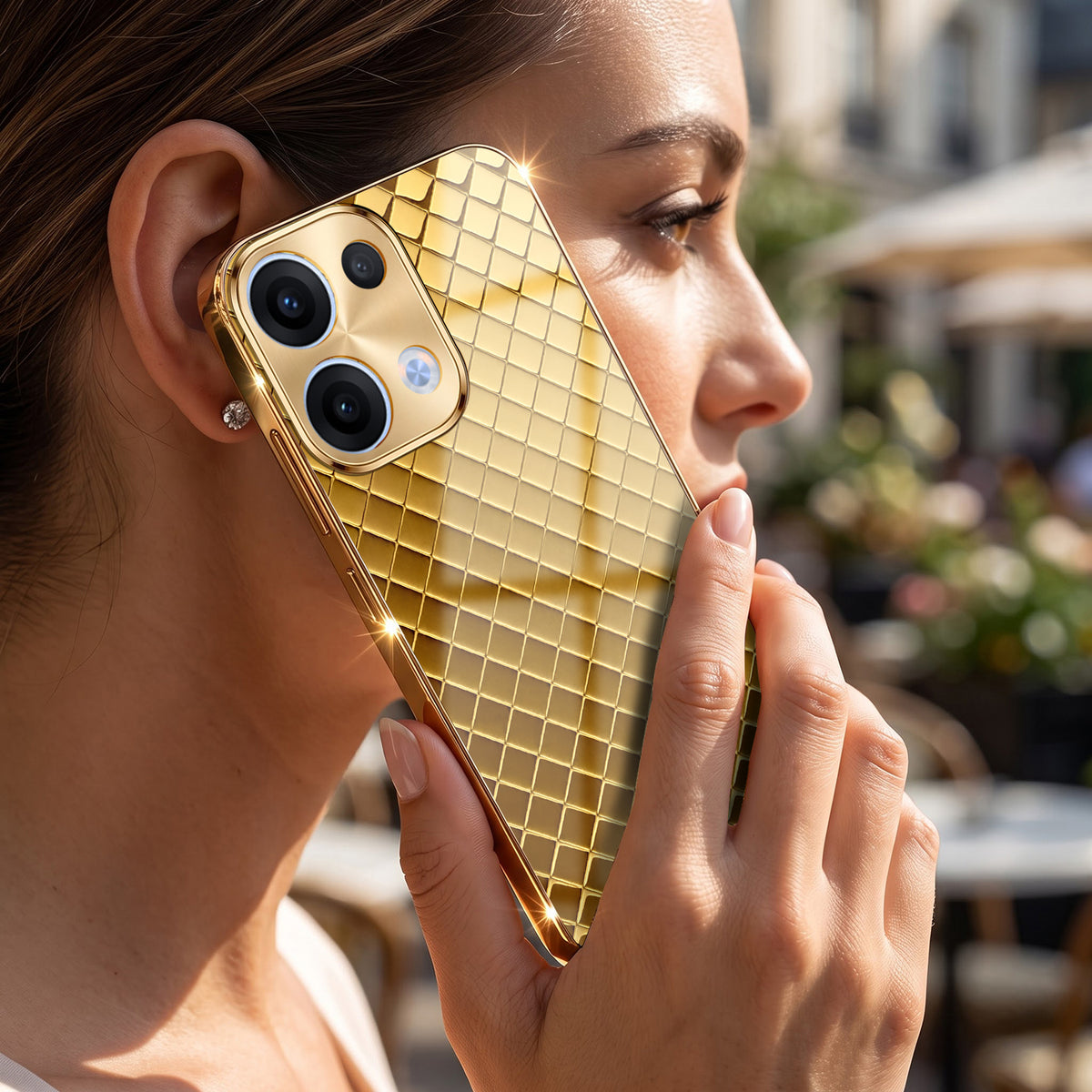 Oppo Reno 13 5G Golden Criss Cross Gold Electroplated Glass Phone Back Case