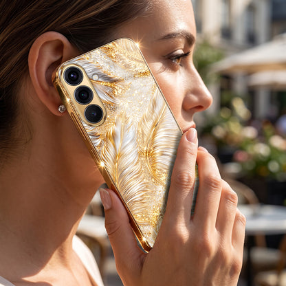 Samsung Galaxy A36 5G Golden Feather Marble Gold Electroplated Glass Phone Back Case