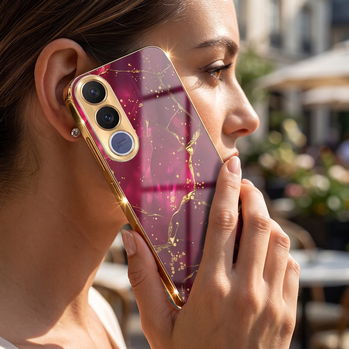 Vivo V70 FE 5G Luxury Crimson Marble Gold Electroplated Glass Phone Back Case