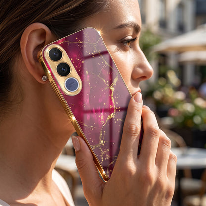 Vivo V70 FE 5G Luxury Crimson Marble Gold Electroplated Glass Phone Back Case