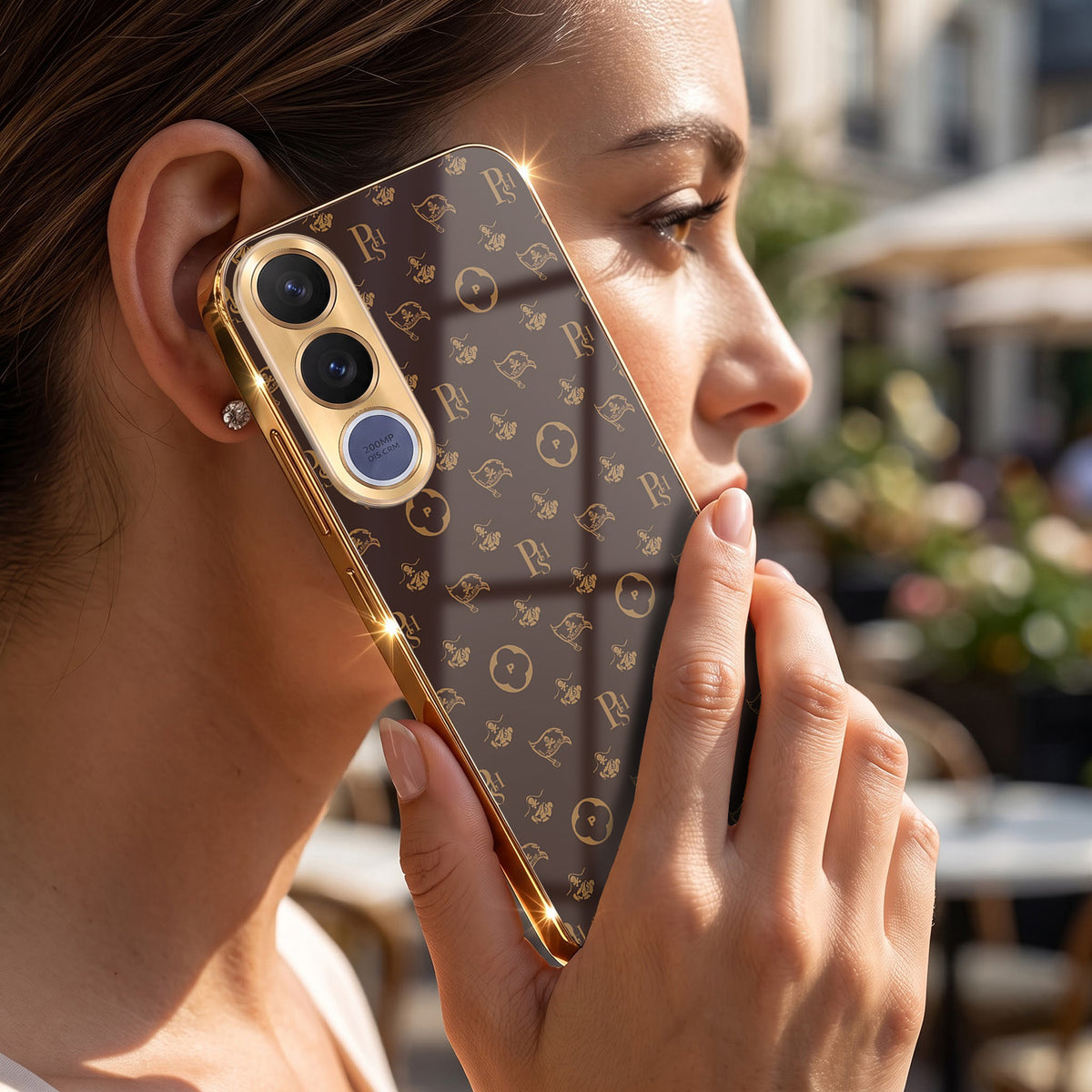 Vivo V70 FE 5G Luxury Monogram Brown Gold Electroplated Glass Phone Back Case
