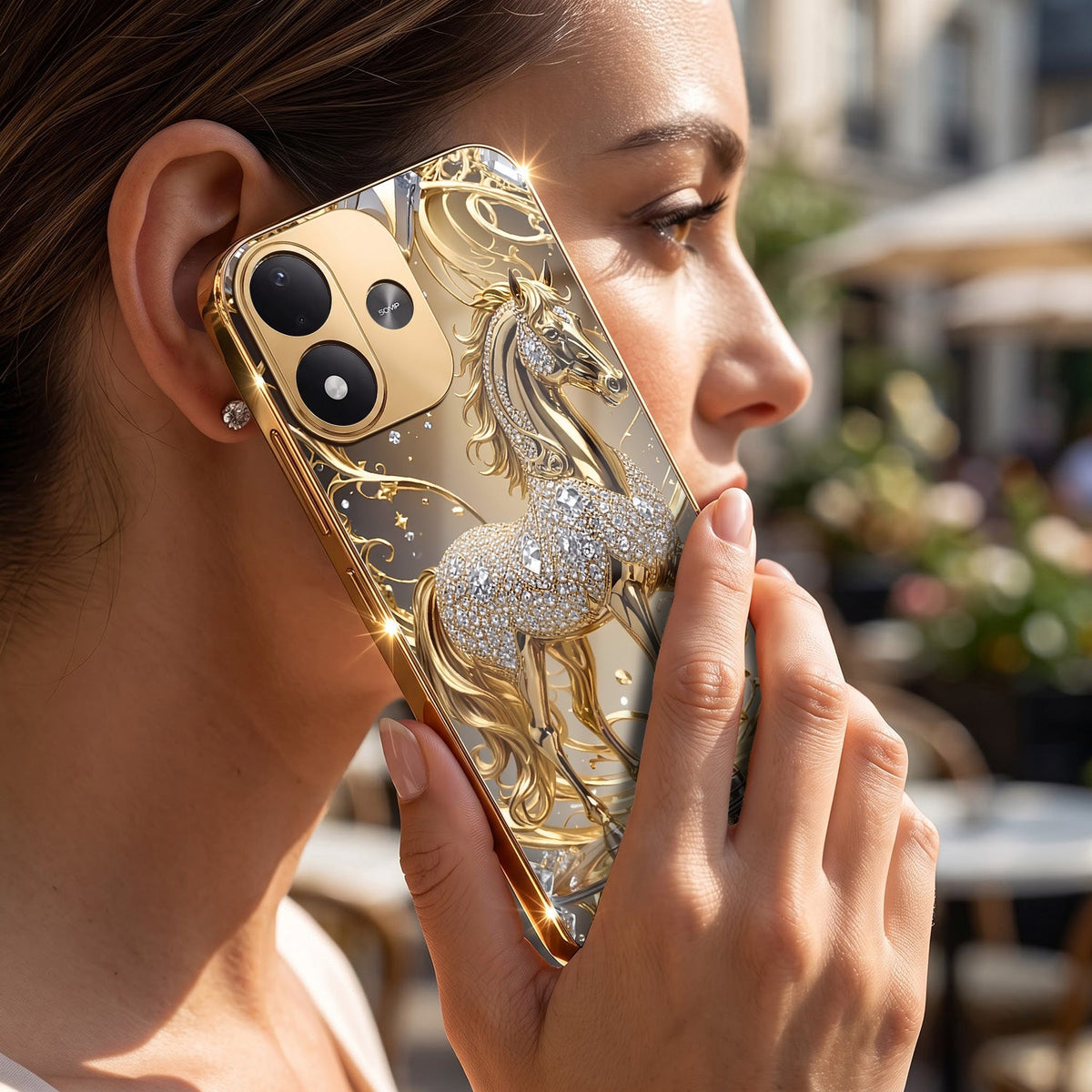 Redmi Note 17 5G Luxury Horse Texture Gold Electroplated Glass Phone Back Case