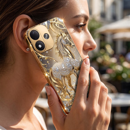 Redmi Note 17 5G Luxury Horse Texture Gold Electroplated Glass Phone Back Case