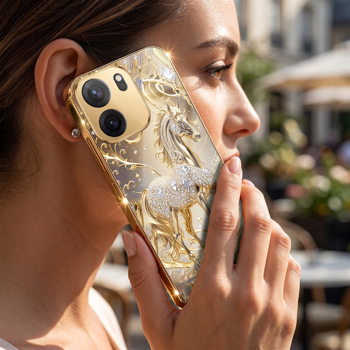 OnePlus Nord CE6 5G Luxury Horse Texture Gold Electroplated Glass Phone Back Case