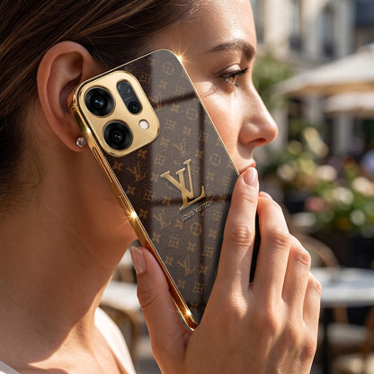 Oppo Reno 14 5G LV Brown Monogram Gold Electroplated Glass Phone Back Case