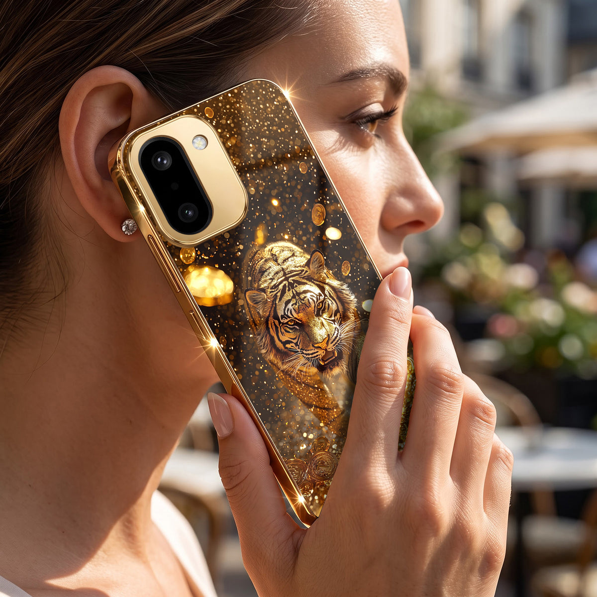 OnePlus 15R 5G Luxury Tiger Gold Electroplated Glass Phone Back Case