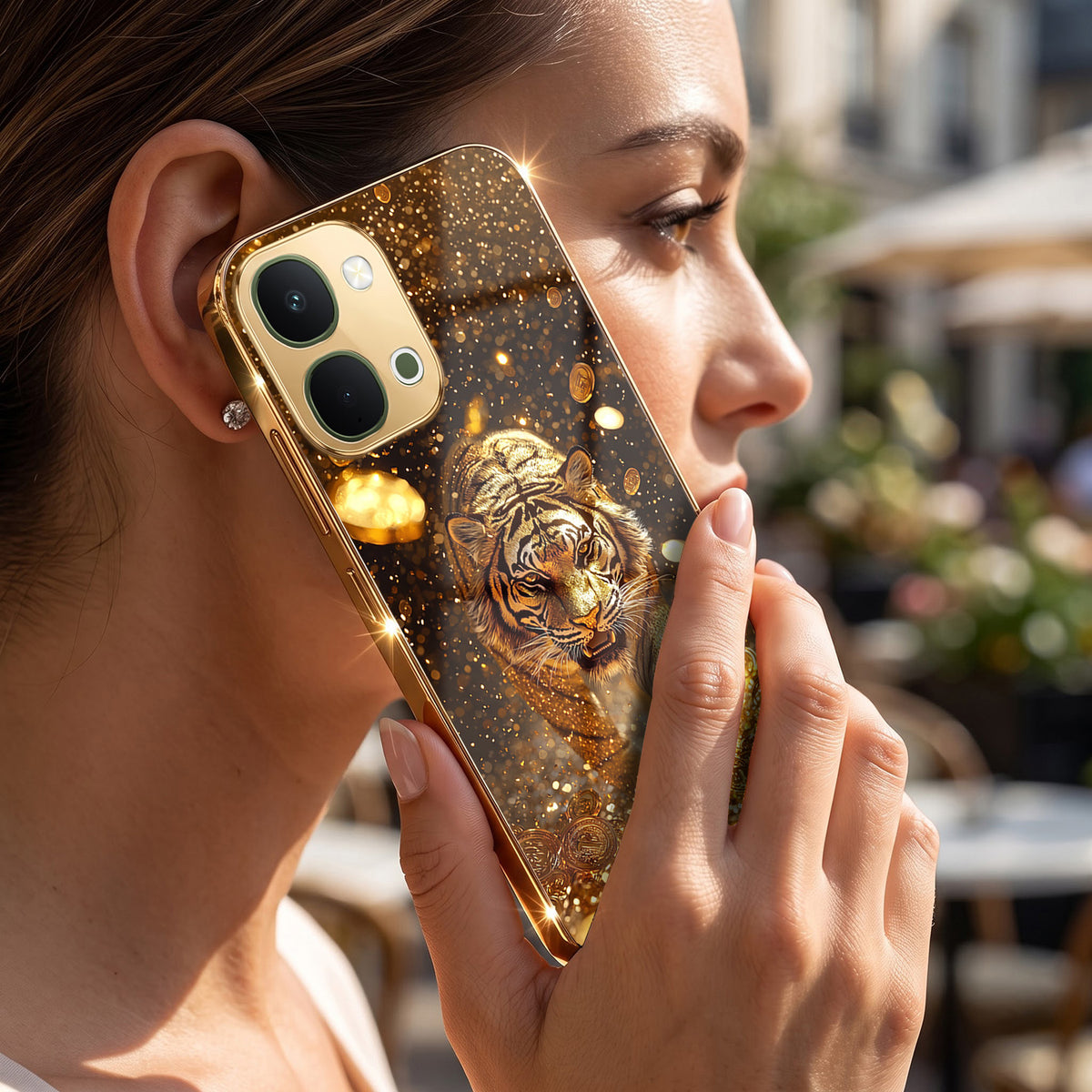 Vivo T5X 5G Luxury Tiger Gold Electroplated Glass Phone Back Case