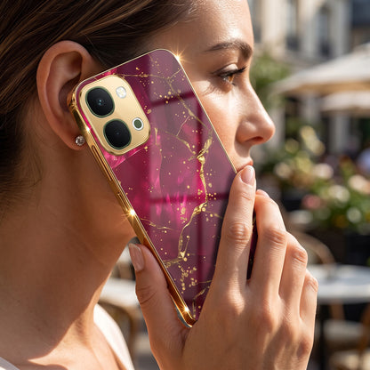 Vivo T5X 5G Luxury Crimson Marble Gold Electroplated Glass Phone Back Case