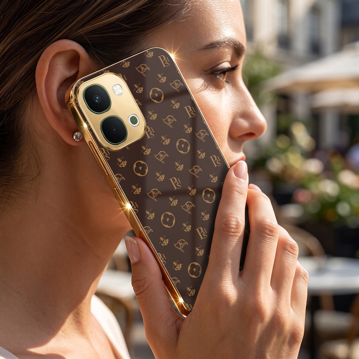 Vivo T5X 5G Luxury Monogram Brown Gold Electroplated Glass Phone Back Case