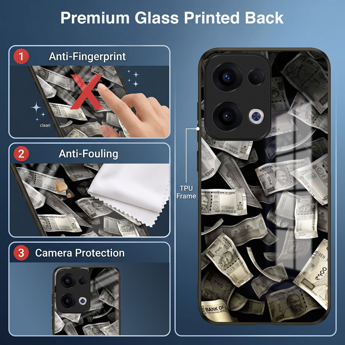 Oppo Reno 13 5G Premium Acrylic Shockproof Glass Back Case (Money Magnet)