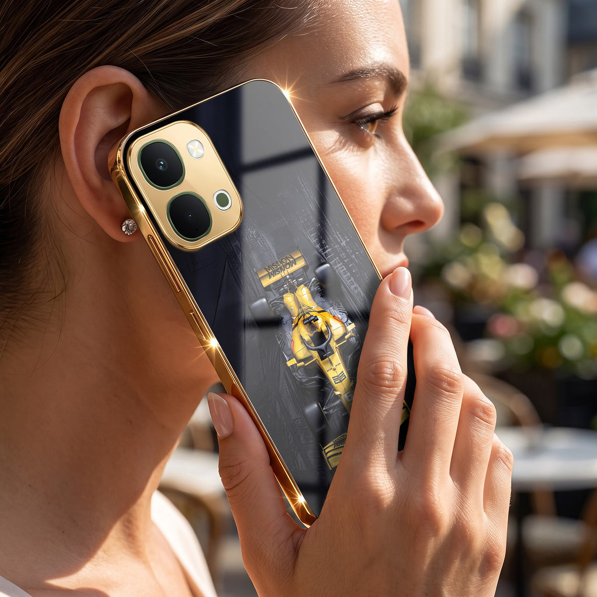 Vivo T5x 5G F1 Racing Car Gold Electroplated Glass Phone Back Case