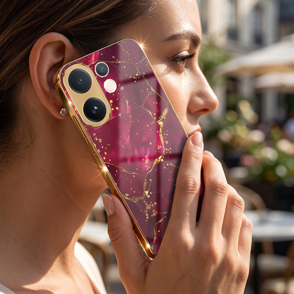 Vivo V60 5G Luxury Crimson Marble Gold Electroplated Glass Phone Back Case