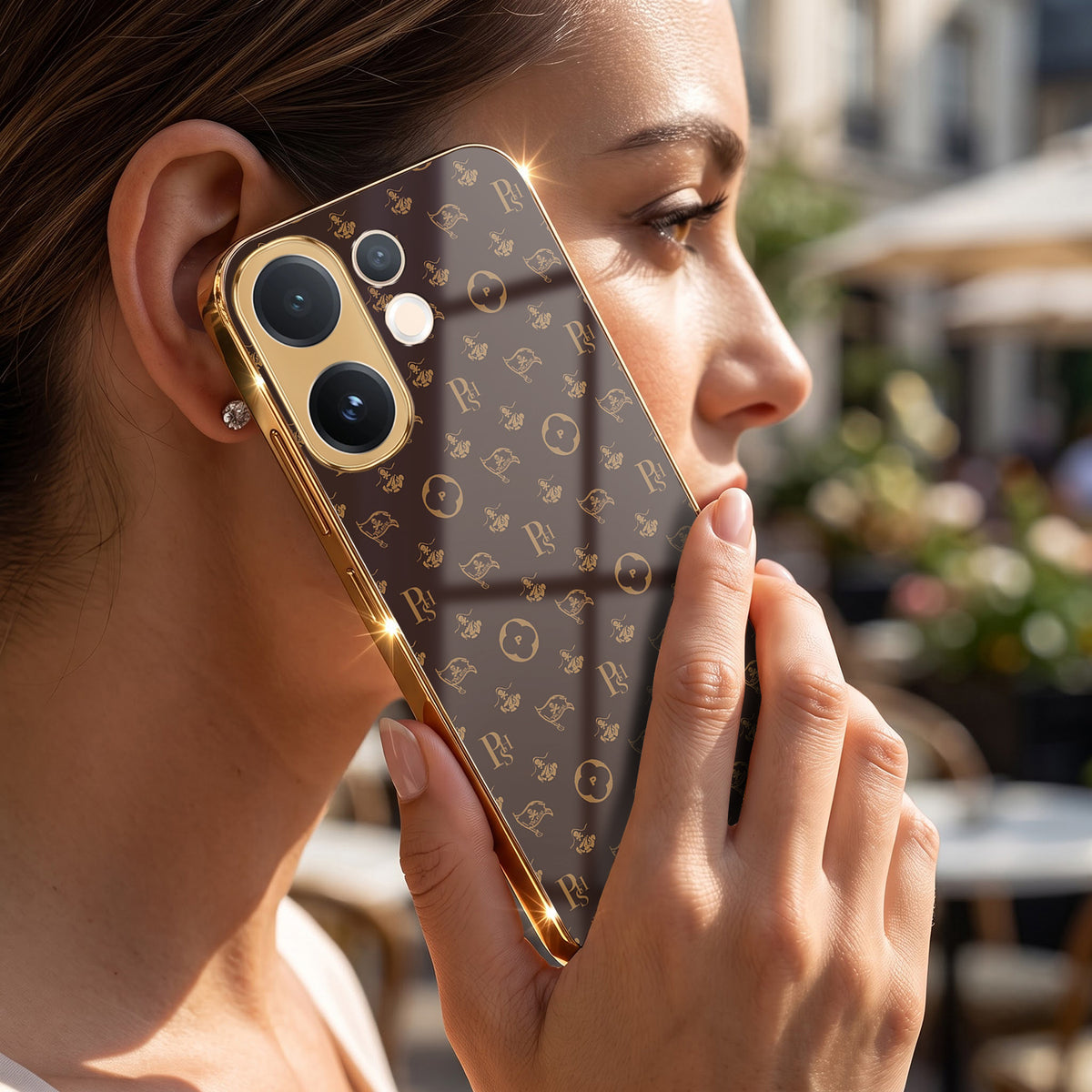 Vivo V60 5G Luxury Monogram Brown Gold Electroplated Glass Phone Back Case