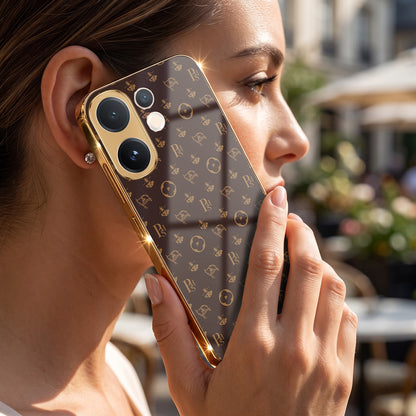 Vivo V60 5G Luxury Monogram Brown Gold Electroplated Glass Phone Back Case