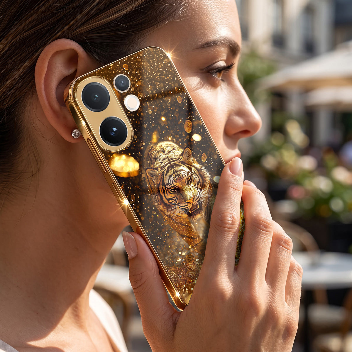Vivo V60 5G Luxury Tiger Gold Electroplated Glass Phone Back Case