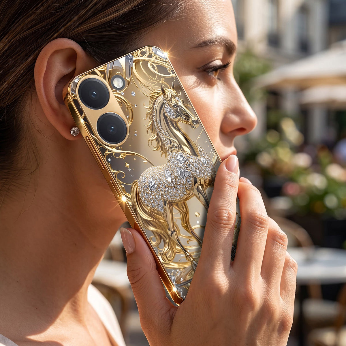 Poco X8 Pro 5G Luxury Horse Texture Gold Electroplated Glass Phone Back Case