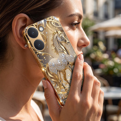 Poco X8 Pro 5G Luxury Horse Texture Gold Electroplated Glass Phone Back Case
