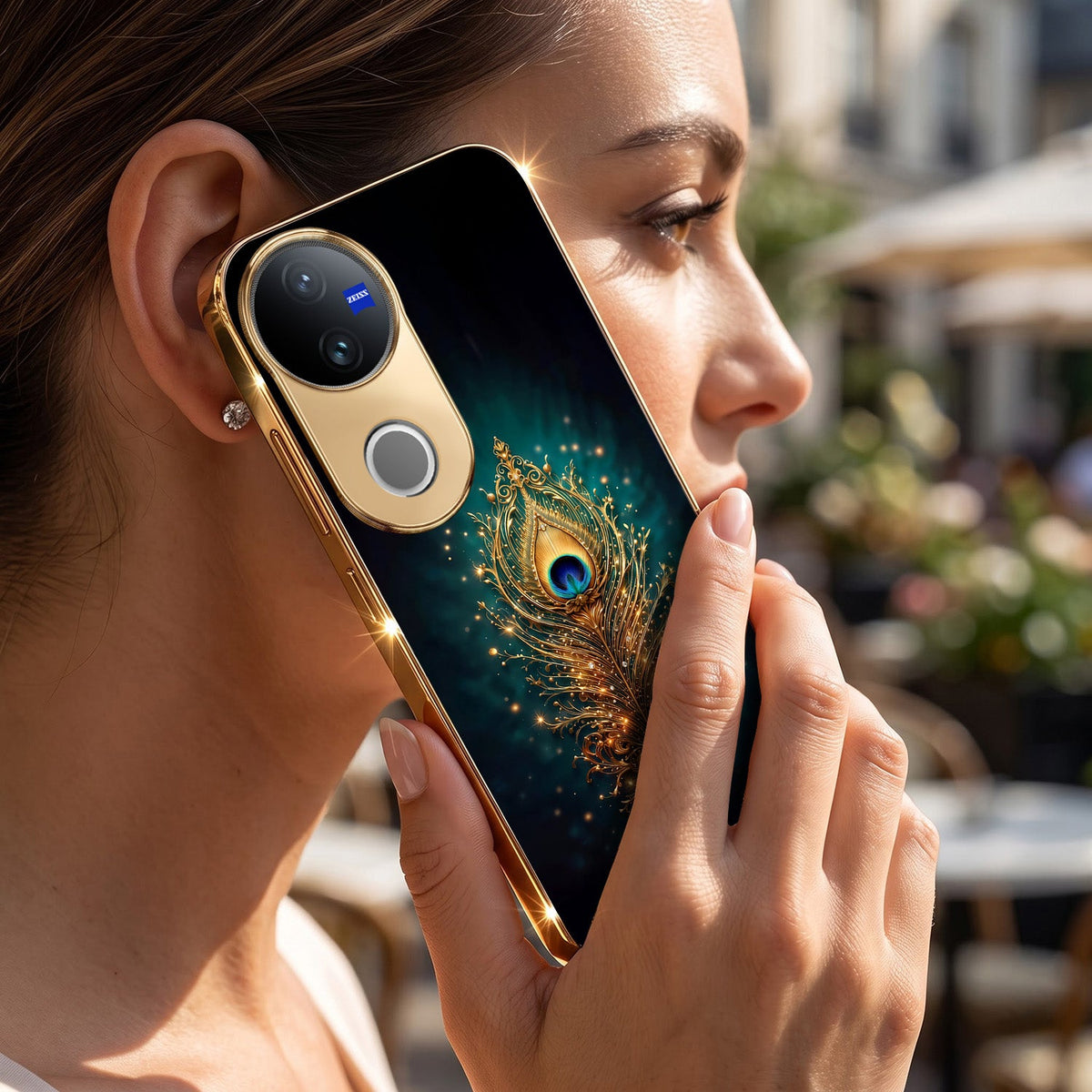 Vivo V50 5G Golden Peacock Feather Gold Electroplated Glass Phone Back Case