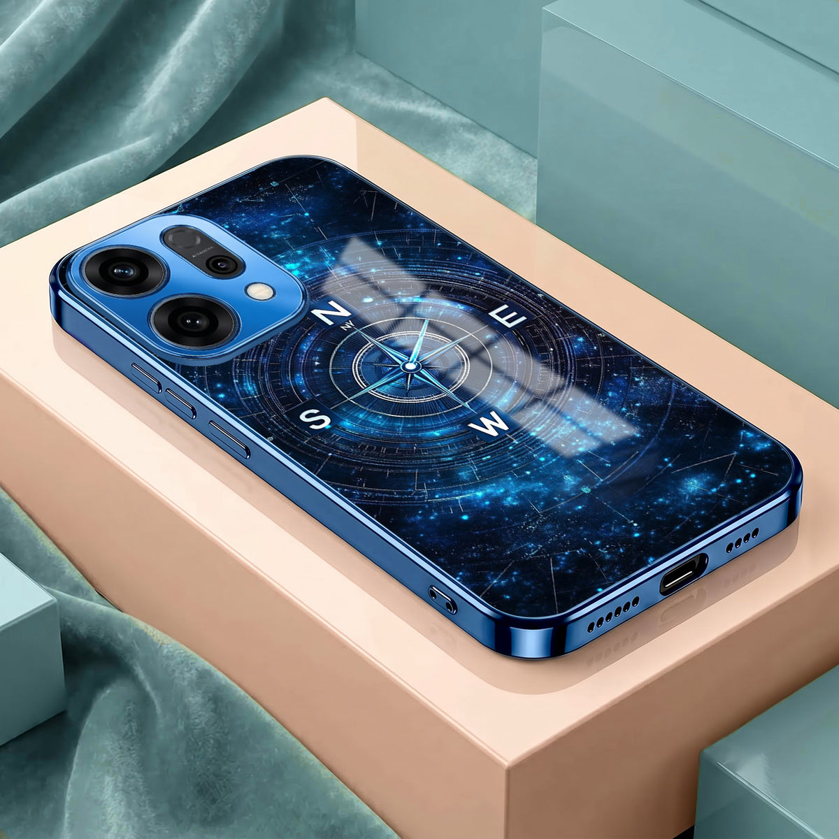 Oppo Reno 14 5G Astral Compass Blue Electroplated Glass Phone Back Case