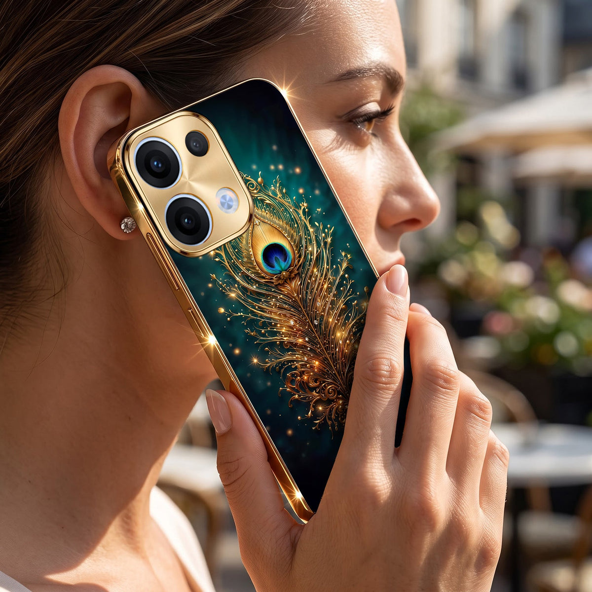 Oppo Reno 13 5G Golden Peacock Feather Gold Electroplated Glass Phone Back Case