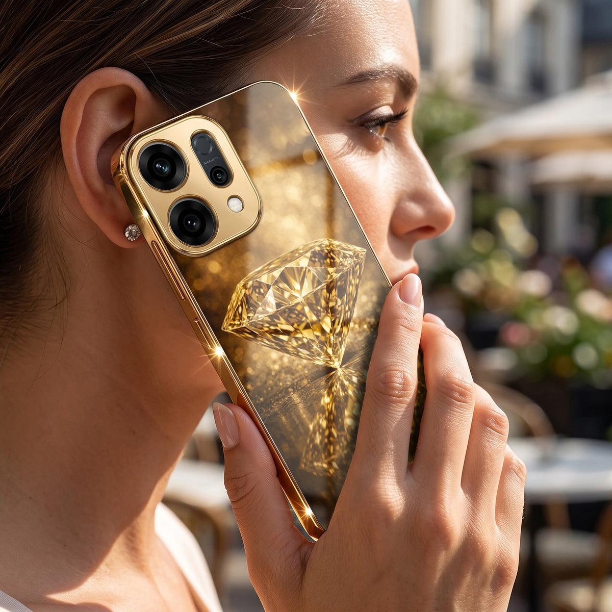 Oppo Reno 14 5G Golden Diamond Gold Electroplated Glass Phone Back Case