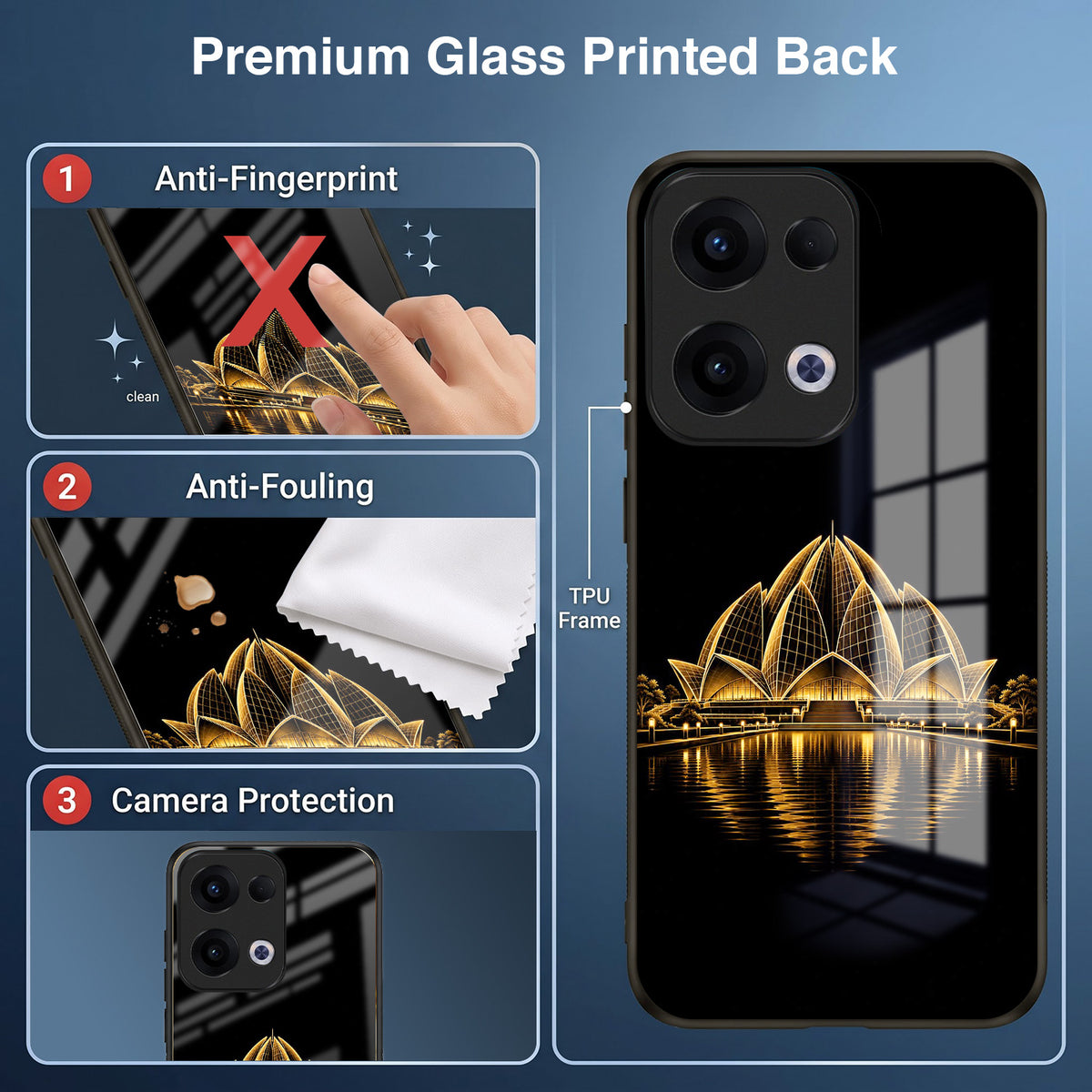 Oppo Reno 13 5G Premium Acrylic Shockproof Glass Back Case (Golden Lotus)