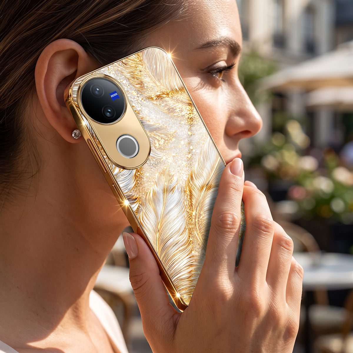 Vivo V50 5G Golden Feather Marble Gold Electroplated Glass Phone Back Case