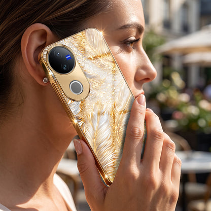 Vivo V50 5G Golden Feather Marble Gold Electroplated Glass Phone Back Case