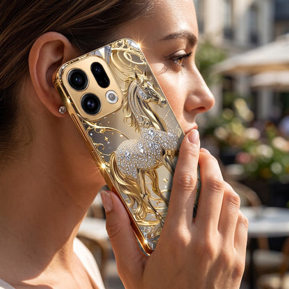 Oppo Find X9 5G Luxury Horse Texture Gold Electroplated Glass Phone Back Case