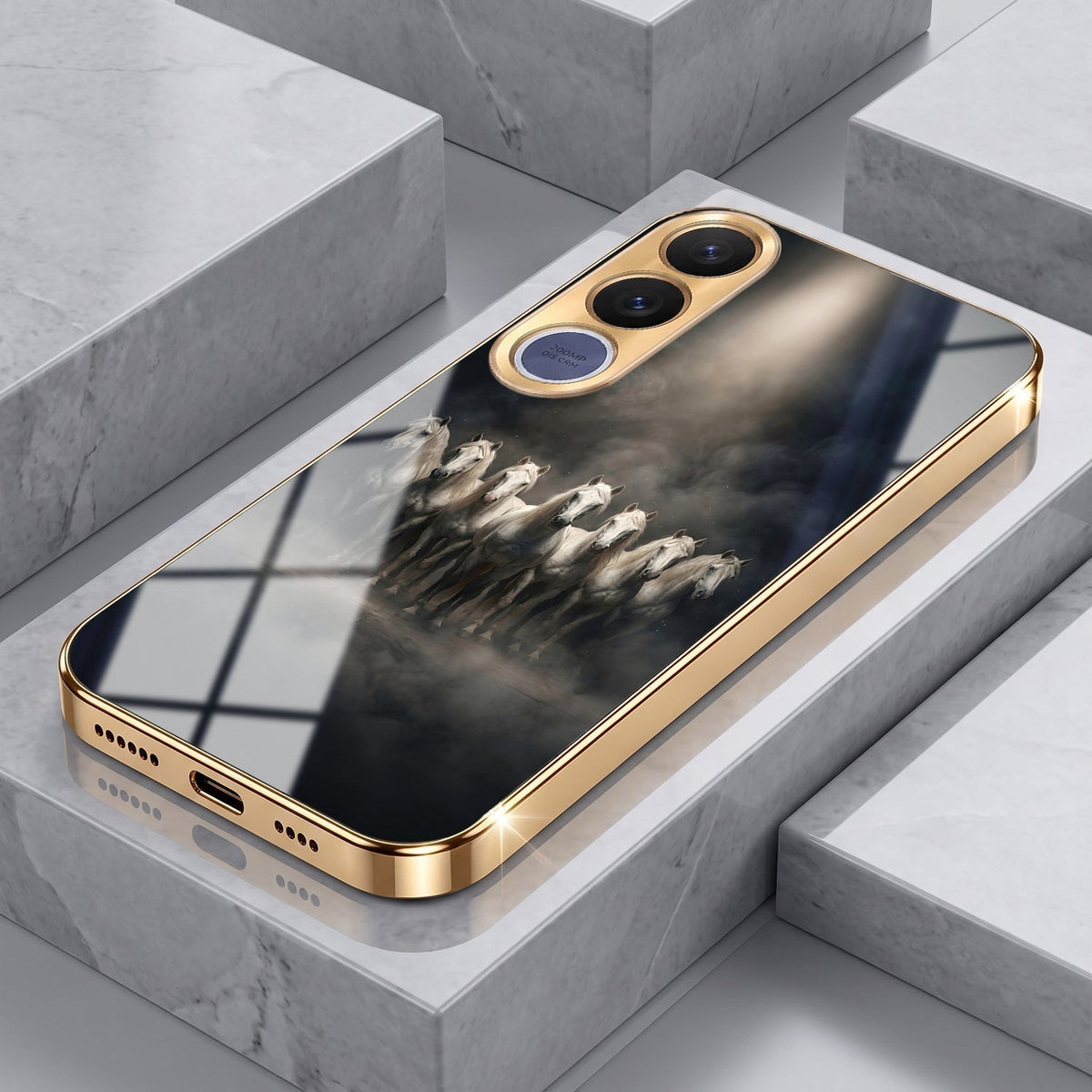 Vivo V70 FE 5G Running Horses Gold Electroplated Glass Phone Back Case