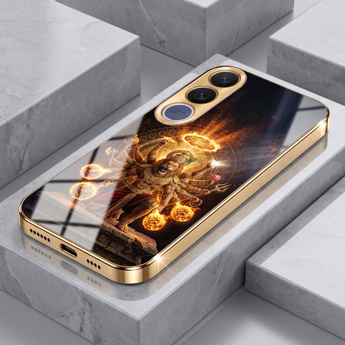 Vivo V70 FE 5G Lord Narasimha Gold Electroplated Glass Phone Back Case
